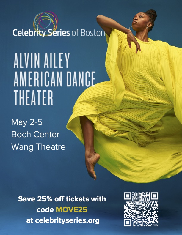 Alvin Ailey dancer in bright yellow costume jumping. Performance information and discount code displayed on the left.