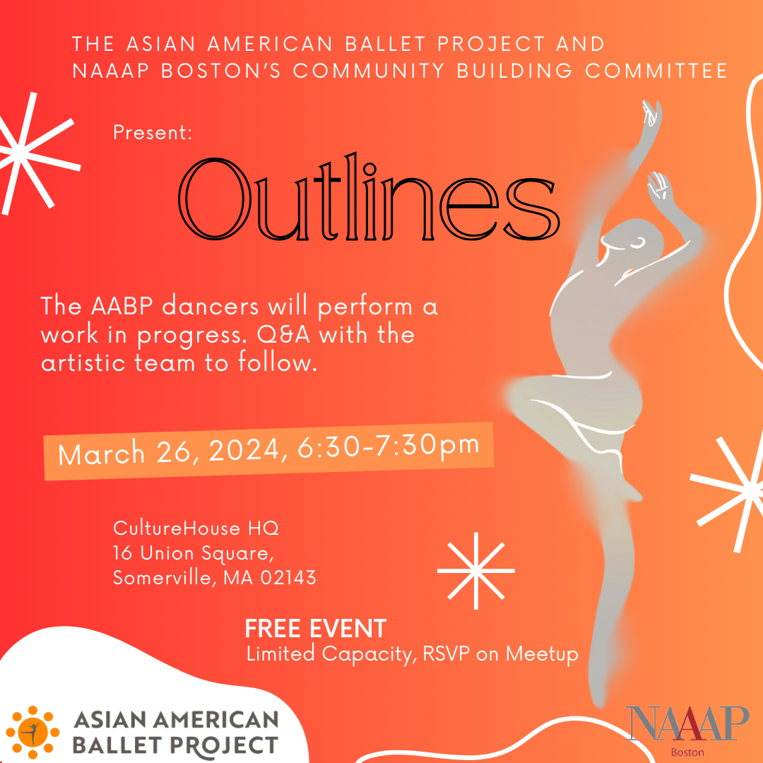 Gradient orange poster with event information and silhouette of a dancers with arms up and one leg bent.