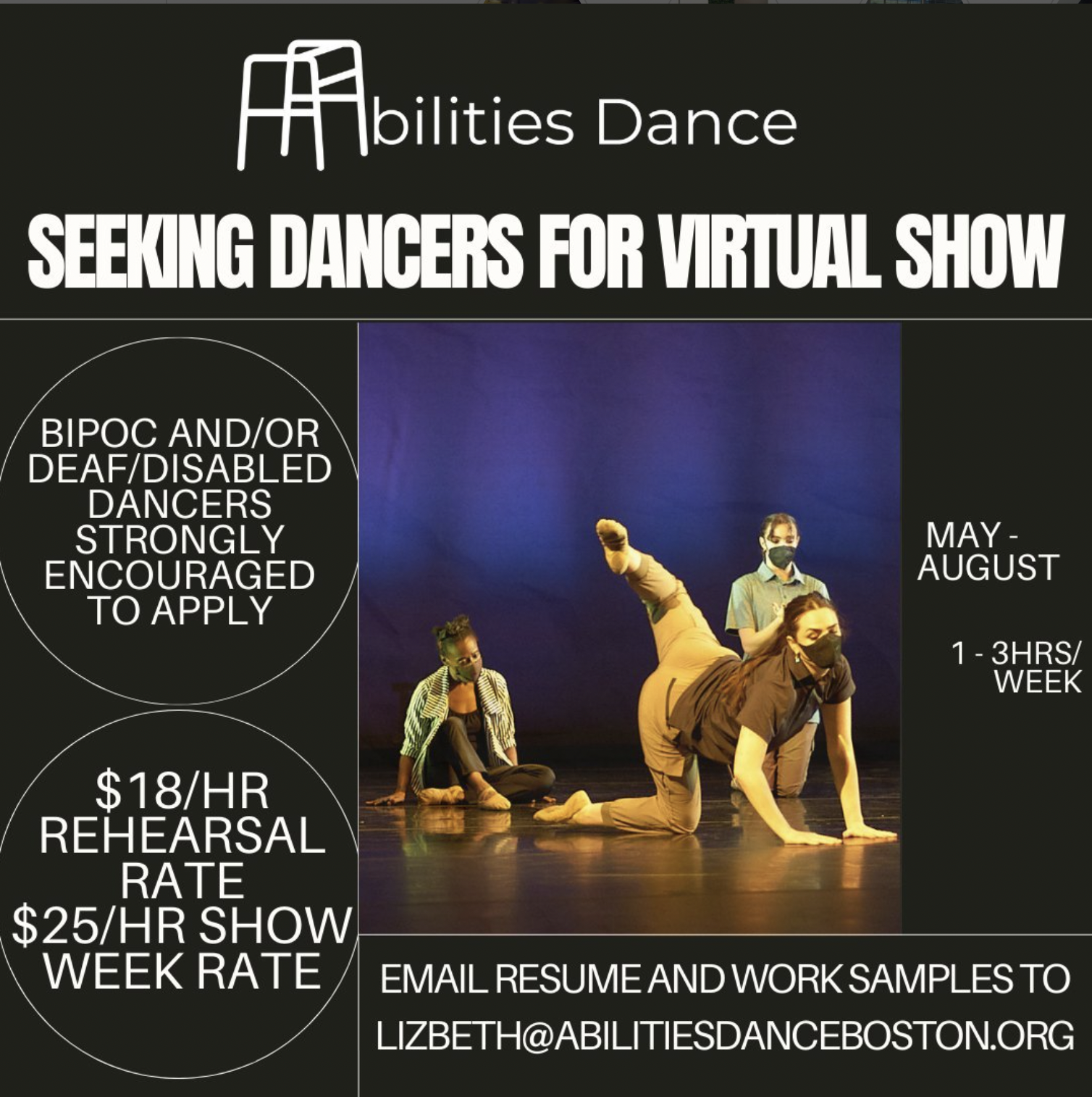 Abilities Dance call for dancers poster with information over performance photo.