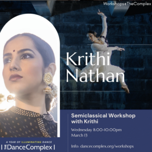 Krithi Nathan poster with headshot and performance photo as a background to event information.