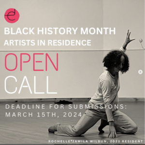 Open Call for black artists with residency application information over photo of black dance artist on knees and reaching one arm up.