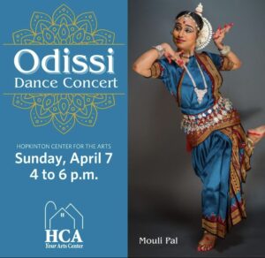 Odissi poster with photo of dancer in blue and gold costume on the right and event information on the left