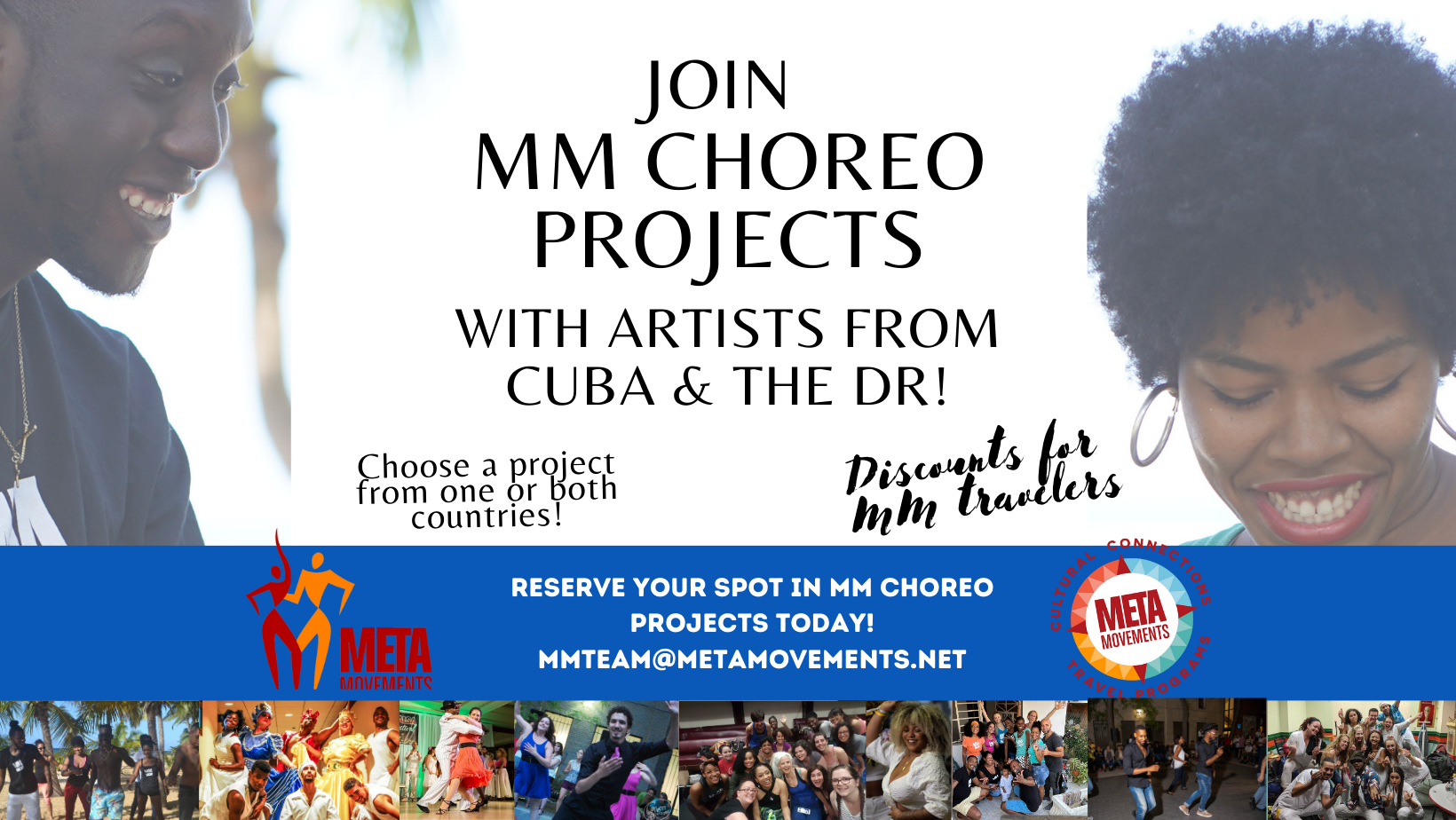 MM Choreo Projects poster with photos of groups of dancers and workshop information.
