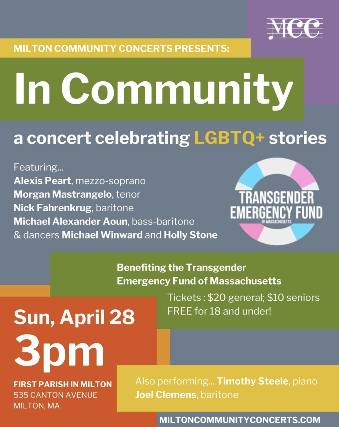 In Community poster with event information over colorful rectangles.