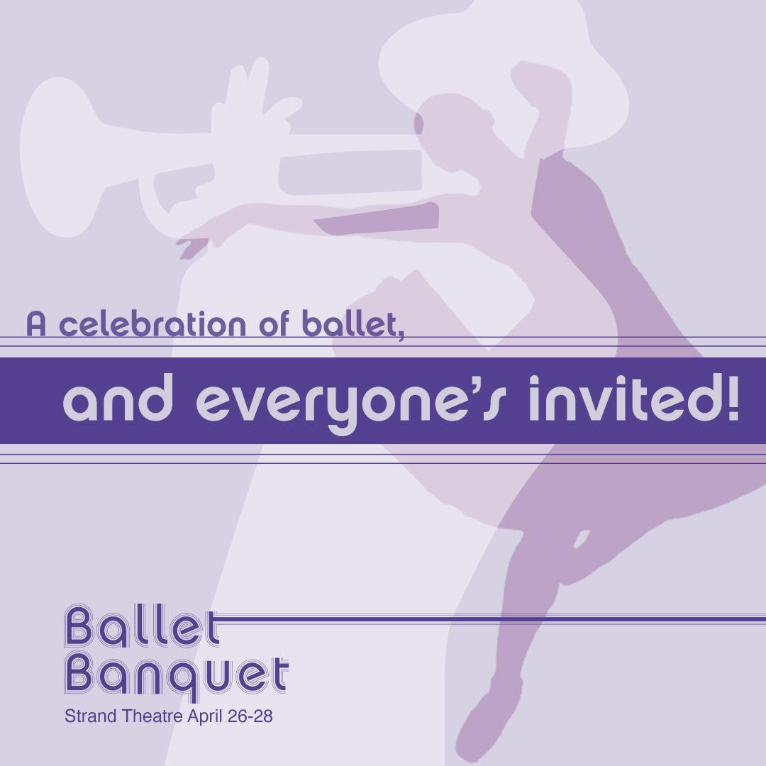City Ballet of Boston's Ballet Banquet poster with event information over graphic of dancer and jazz musician.