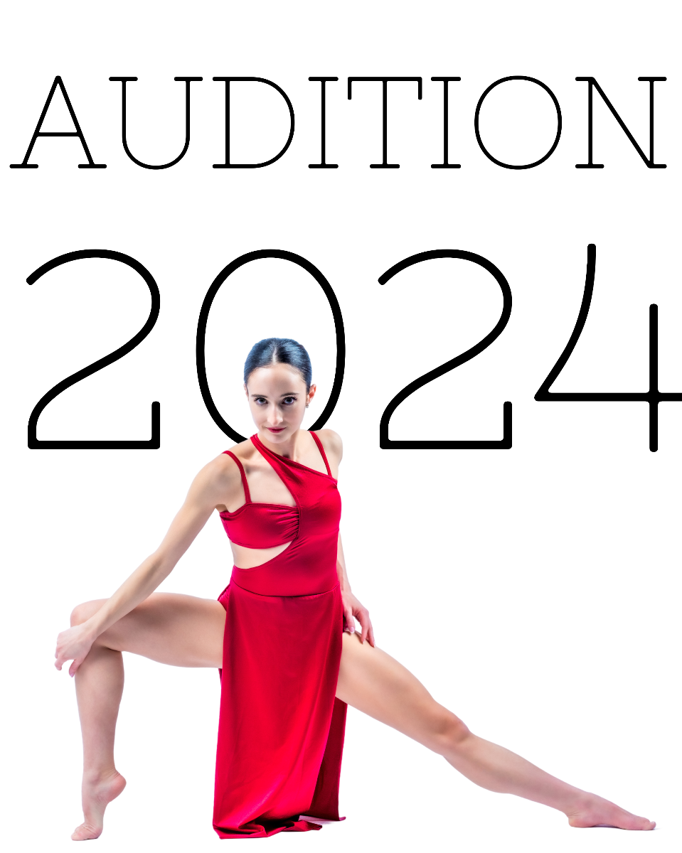 Audition poster with photo of dancer in red dress in a lunge.