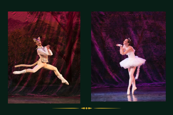 Photos of dancers in cat costumes: on the left dancer leaps with both legs bent in attitude; on the right dancer on pointe seems to blow a kiss