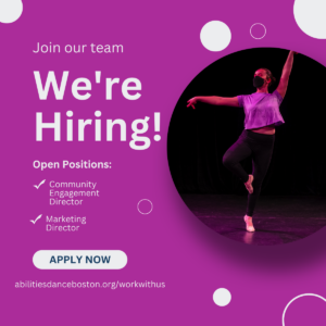 "We're Hiring" poster with photo of dancer in a rélévé passé and job openings.