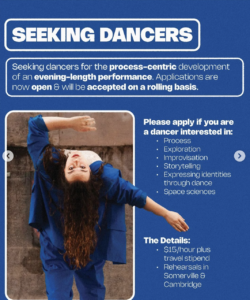 Seeking dancers poster with information on position and photo of Madison arching back to look at camera