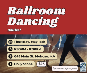 Ballroom Dancing poster with photo of ballroom dancers legs and event information on the left side.
