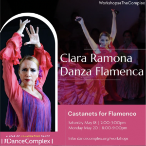Clara Ramona Danza Flamenca workshop poster with headshot and dancing photo.