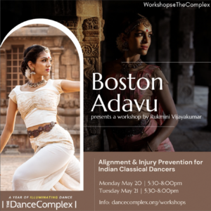 Boston Adavu workshop with two photos of Rukimini Vijayakumar.