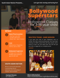 Bollywood Superstars poster with program information and photos of previous participants