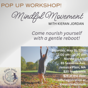 Mindful movement workshop poster with event information and photo of dancer outdoors moving through leaves.