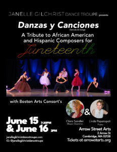 Danzas y Canciones poster with event information over photo of dancers on stage in different costumes and poses.