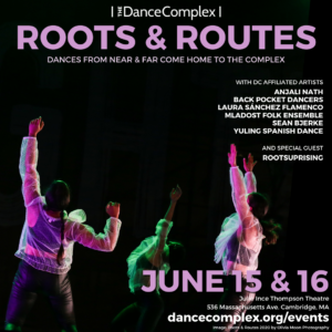 Roots and Routes poster with photo from previous performance and event details listed over photo.