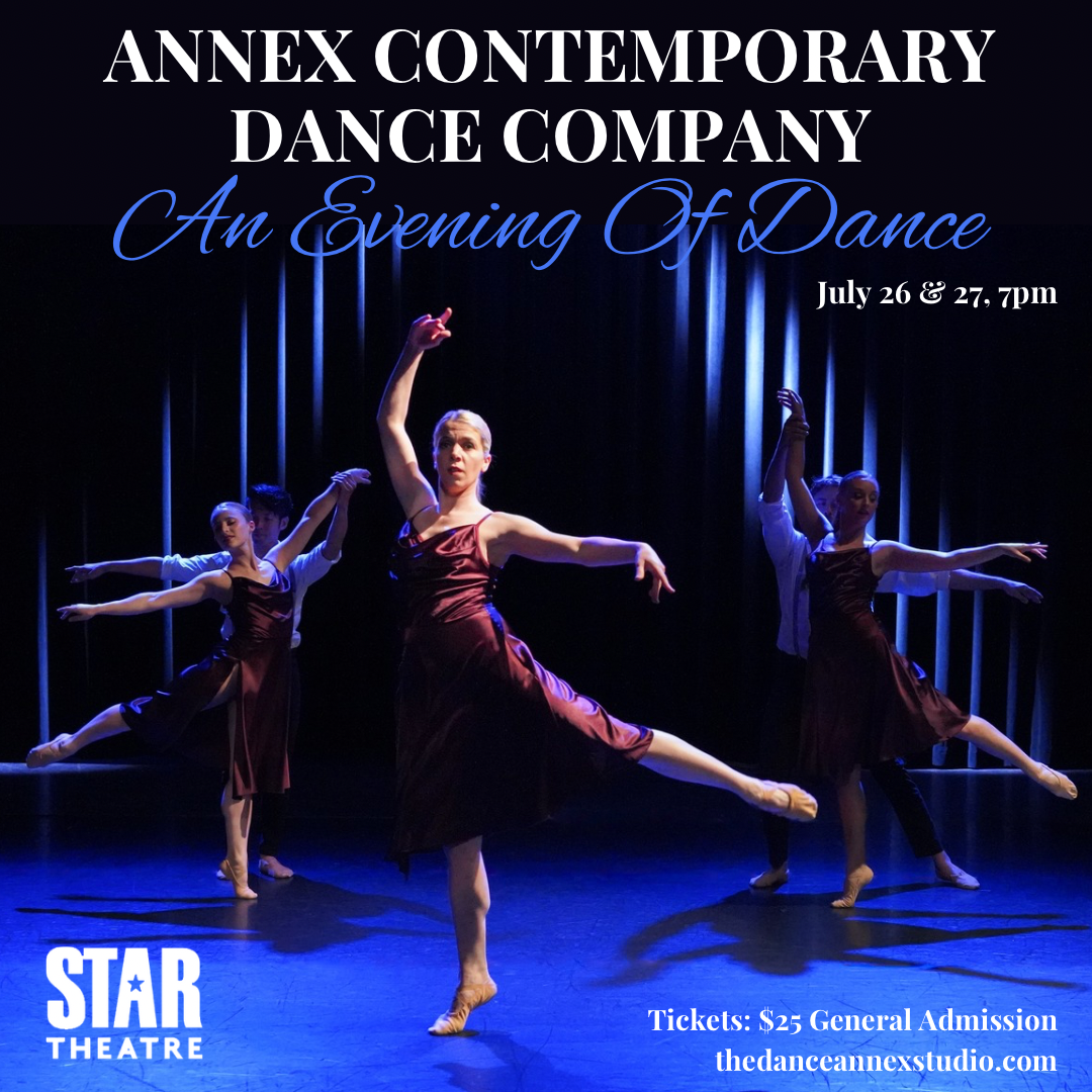 Event poster with photo of dancers on stage in a low arabesque