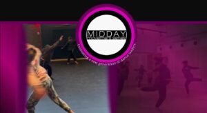 MIDDAY movement series logo and blurry images of people dancing