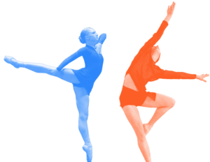 Two dancers in different poses: one filtered in blue is in an arabesque, the other, filtered in orange is in a passé off balance