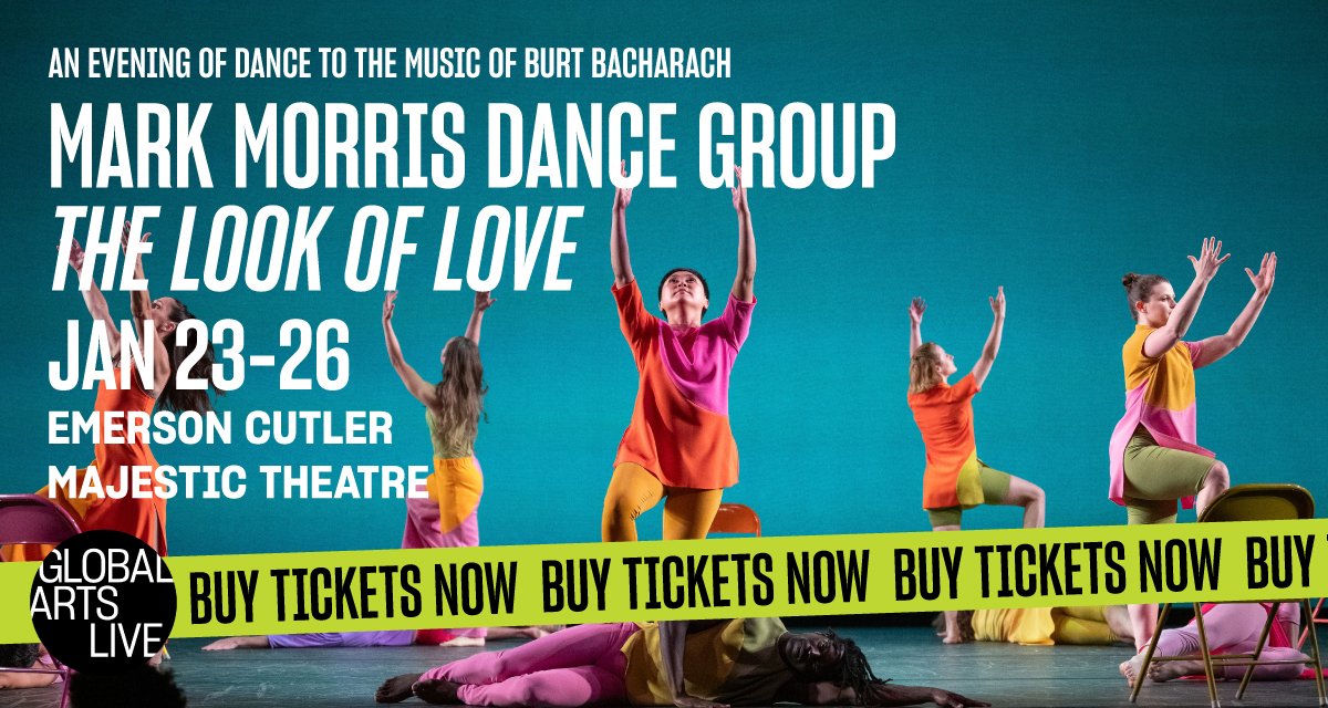 Text indicating the event details lay atop a photograph of Mark Morris Dance Group members clad in colorful clothing dancing against a blue background.