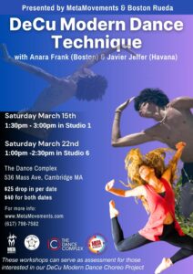 Photos of the instructors in cuban modern technique movement poses on the right side and details of the workshops on the left side.