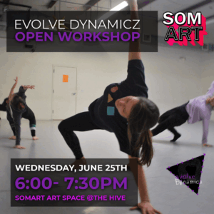 This image depicts four contemporary dancers taking class with Evolve Dynamicz Dance Collective. The dancers are practicing a backbend