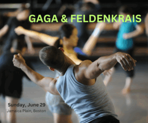 Flyer of dancers in a studio. One in focus is extended their arms.