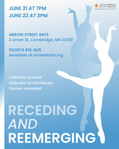 A silhouetted dancer en pointe, leg extended behind her, arms extended overhead. Caption reads, "Folktales revived. Histories remembered. Destinies revealed."