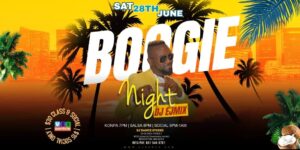 Boogie Night flyer featuring palm trees and a man in sunglasses posing towards the camera