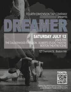 Black and white image of a line of dancers' legs with tap shoes pointed behind their feet