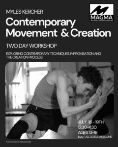 Grey flyer featuring dancer crouching with their hands in front of their face