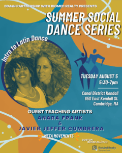 Orange and blue graphic with image of two smiling people advertising "Intro to Latin Dance" class