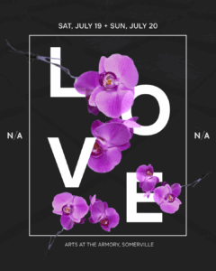 Purple flowers on a black background that says "LOVE"