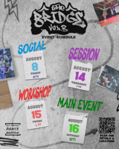 The Bridge Vol 3 logo in graffiti font surrounded by photos from last year's event. On a textured concrete theme background, all details and information is present in black bold fonts.