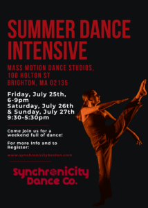 Black flyer with dancer in red light, their foot raised