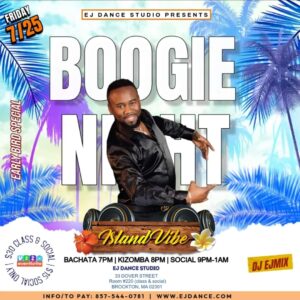 Colorful flyer with palm trees in the background and smiling man dressed in black above speakers superimposed over the words "BOOGIE NIGHT"