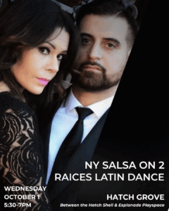 Poster for NY Salsa On 2 by Raices Latin Dance, Oct 1 at Hatch Grove. Features two performers posing together, one in a lace black dress and another in a suit and tie looking intensely into the camera.