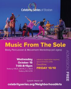Poster with text information about the event. Photo of dancers on a stage moving joyfully surrounded by musicians playing wind, string, and percussive instruments.