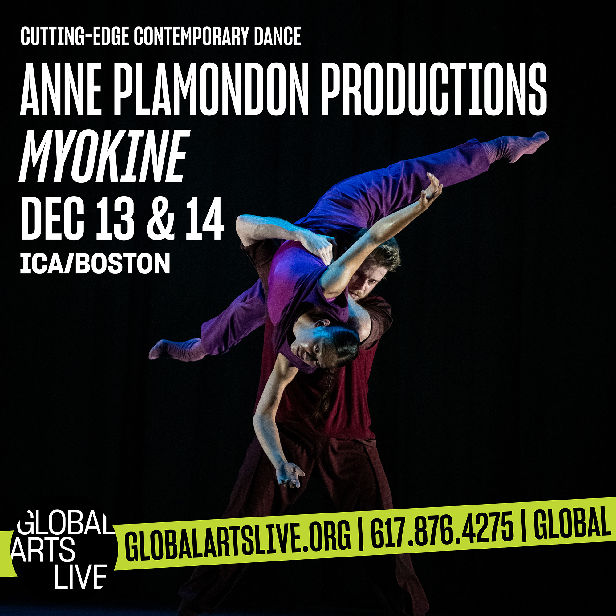 An member of Anne Plamondon Productions hangs upside down across the shoulders of another dancer.