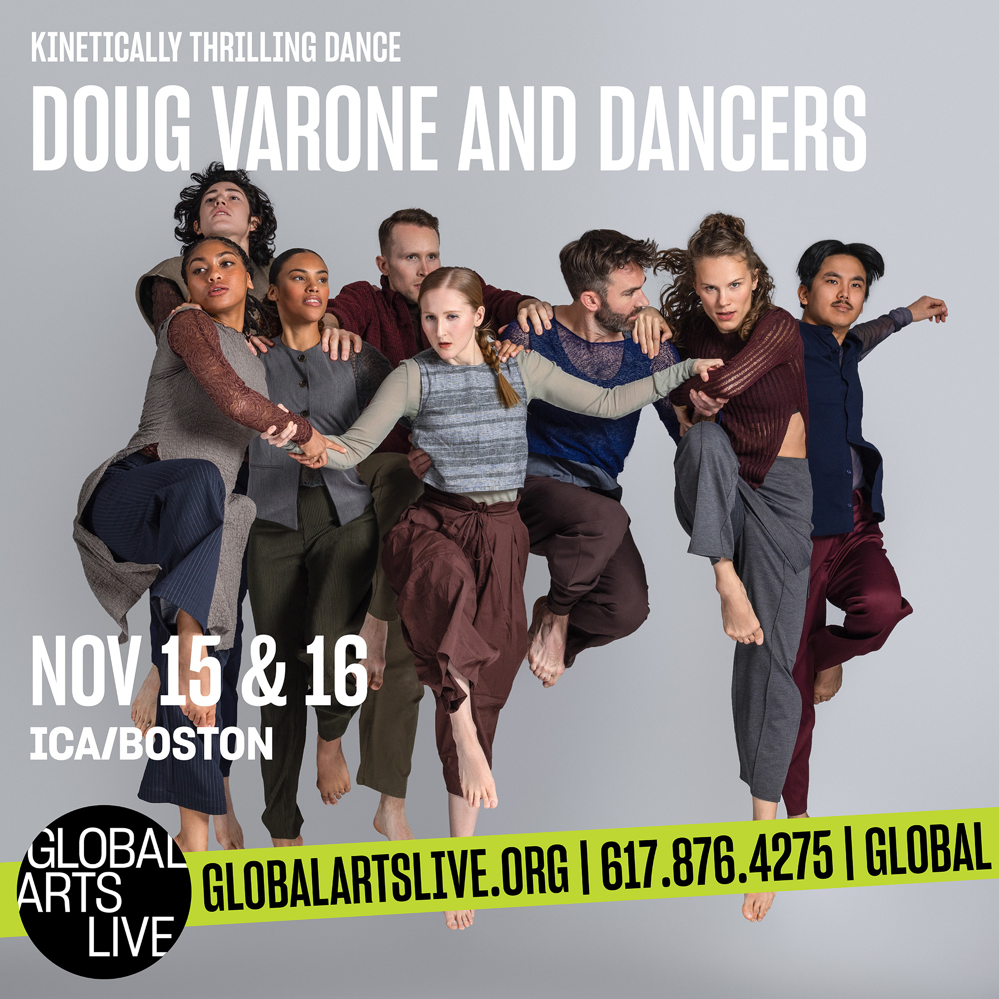 Seven dancers cluster together, each lifting one leg as their arms interlock for balance, creating a dynamic sense of shared momentum.