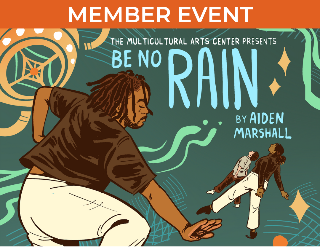 Illustrated flyer showing Aiden Marshall in the foreground dancing, with two smaller dancers in the upper right corner also dancing. The dancers are surrounded by text with details of the show and orange and green decorations.