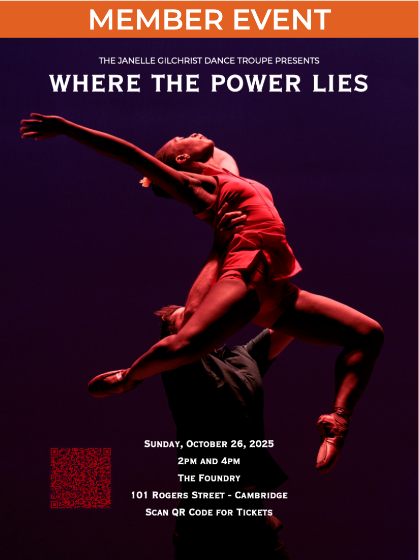Event poster with text about the show. Image shows dancer with legs and arms extended being lifted over head by another dancer in the shadows.
