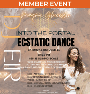 Background shows earthy textures with a geometric design, and a photo of a woman in white holding a frame drum.