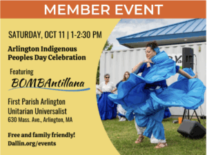 Event poster with text with details of the event. Photo shows dancer in bright blue skirt fabric twirling around and onlookers observe from behind.