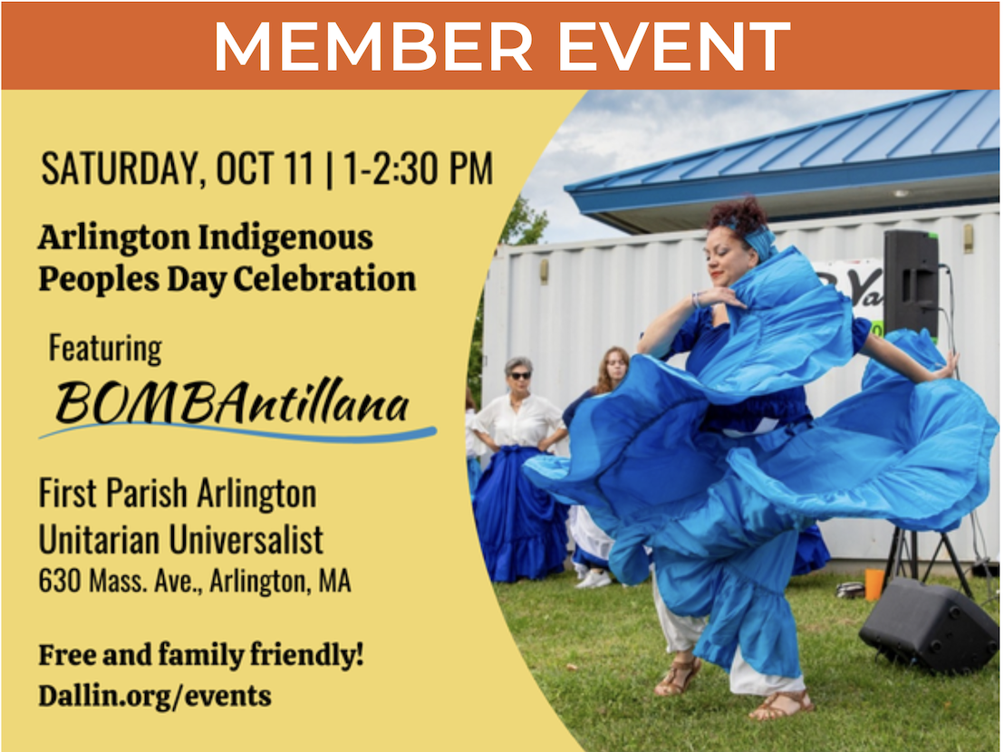 Event poster with text with details of the event. Photo shows dancer in bright blue skirt fabric twirling around and onlookers observe from behind.