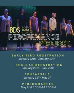 A group of seven dancers stand ready to bow on a softly-lit stage.