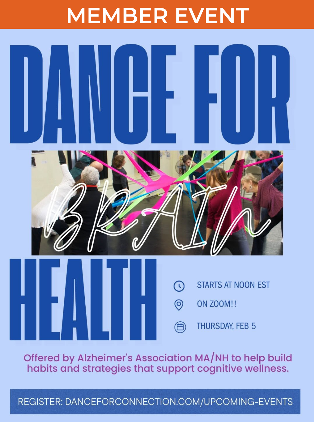 Poster for Dance for Health event. Includes an image of dancers standing in a cirlce holding a web of fabric.