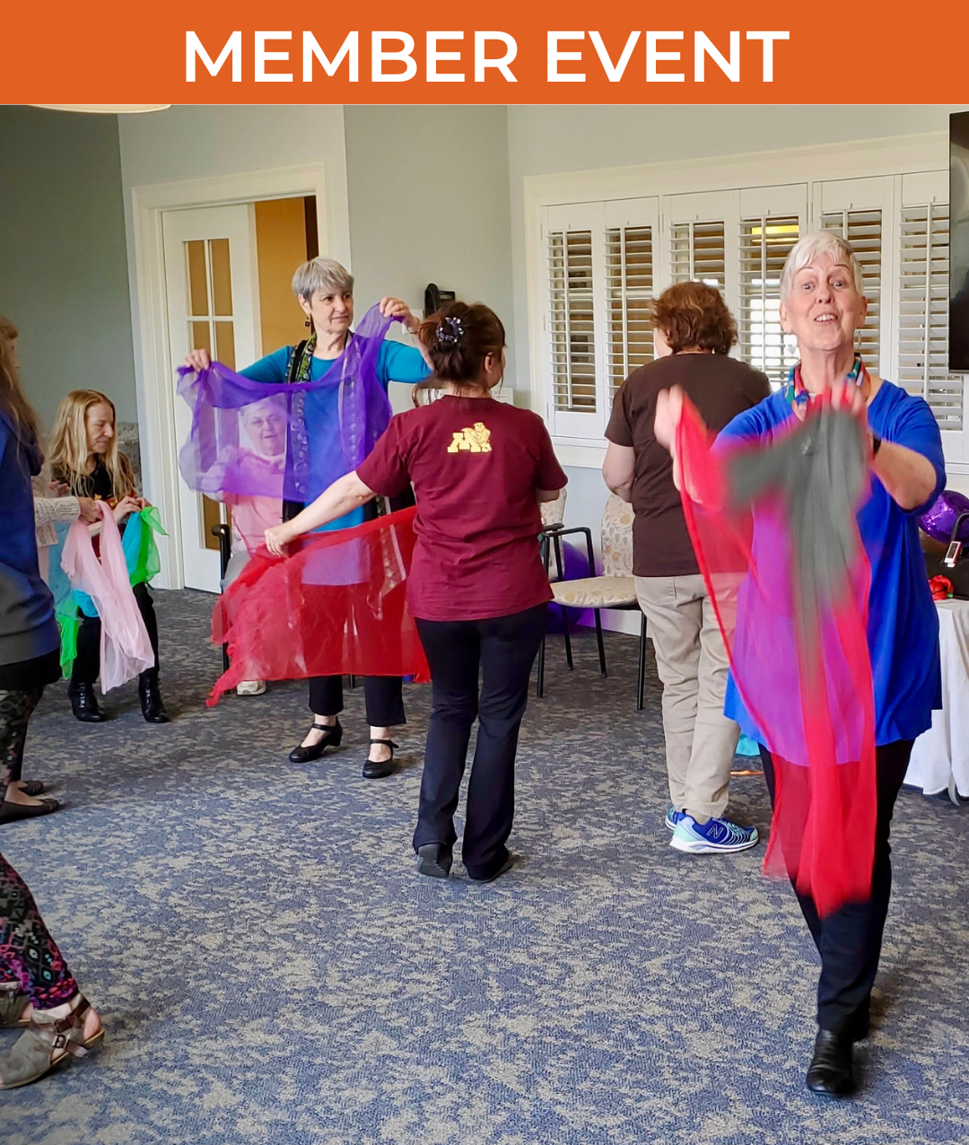 Several women standing and sitting holding up chiffon scarves.