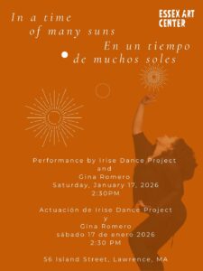 Event poster with muted photo of a person dressed in black reaching one hand up to the sky. An orange overlay takes over the photo and the rest of the image which includes line drawing doodles of suns.