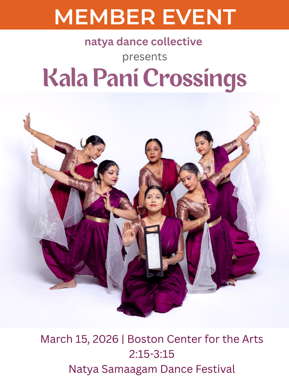 A dancer draped in violet and gold cloth holds a lantern while seated. Behind her, another figure in matching attire supports her. The pair are flanked by four other dancers with outstretched arms leaning in, all dressed in tones of violet, maroon, and gold.